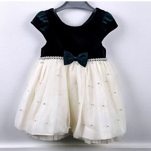 American Princess Toddler Girls Velvet Tulle Pearl Party Dress Green Cream 24M - Picture 2 of 7